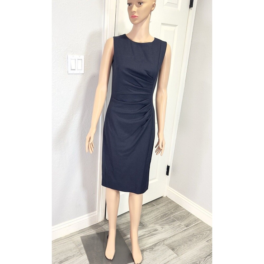 Max Mara Sheath Dress US 4 Navy Virgin Wool Silk Ruched Career Cocktail Italy